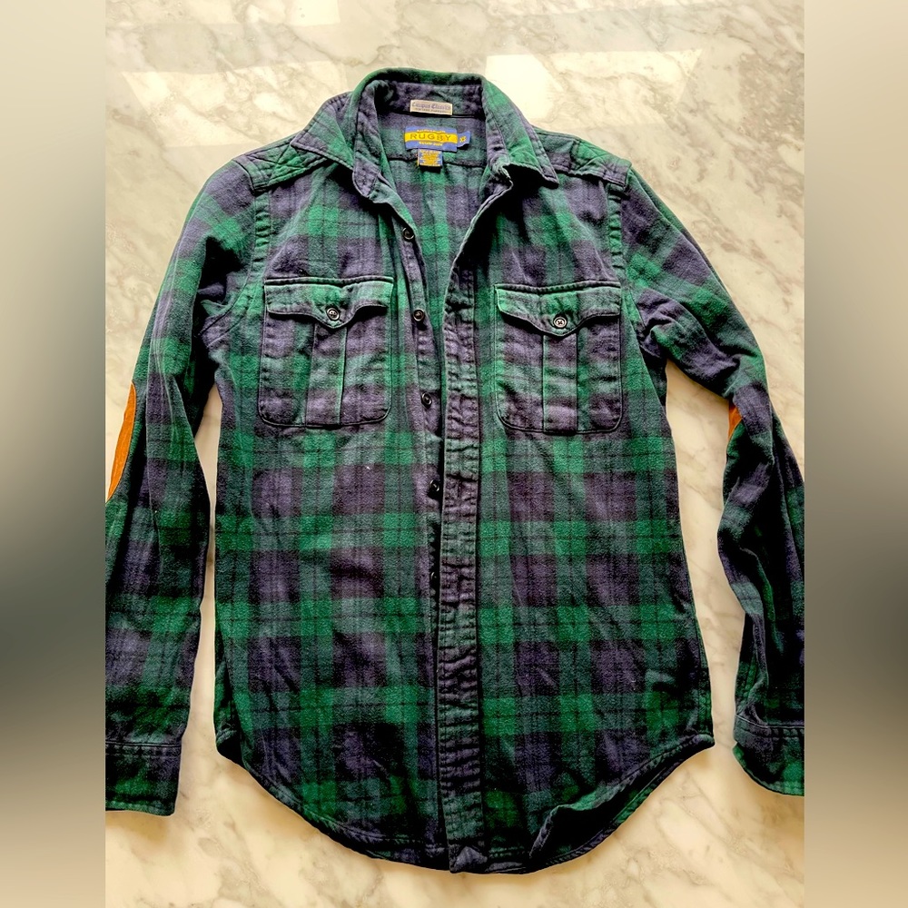 Ralph Lauren Rugby navy/green long sleeve button down flannel shirt, Size XS